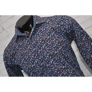 Bugatchi Button Up Mens Medium Blue Bird Print Classic Fit Long Sleeve Shirt
